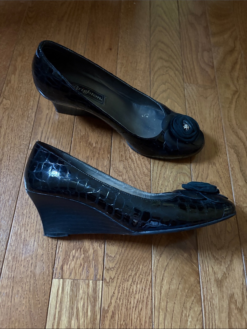 Brighton Black Harem Wedge Heels with Floral Appliqué